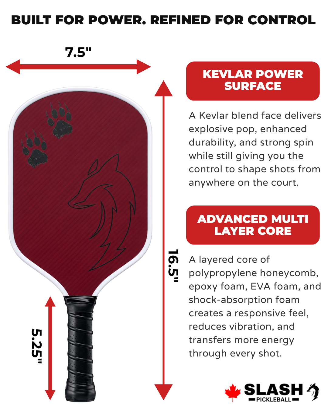Slash Blitz paddle with callouts for Kevlar power surface and advanced multi-layer core, 16.5 in. long by 7.5 in. wide