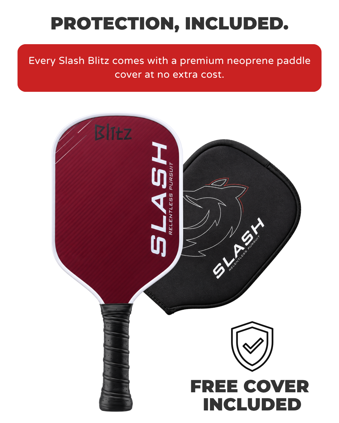 Slash Blitz paddle beside its black neoprene paddle cover, with a free cover included