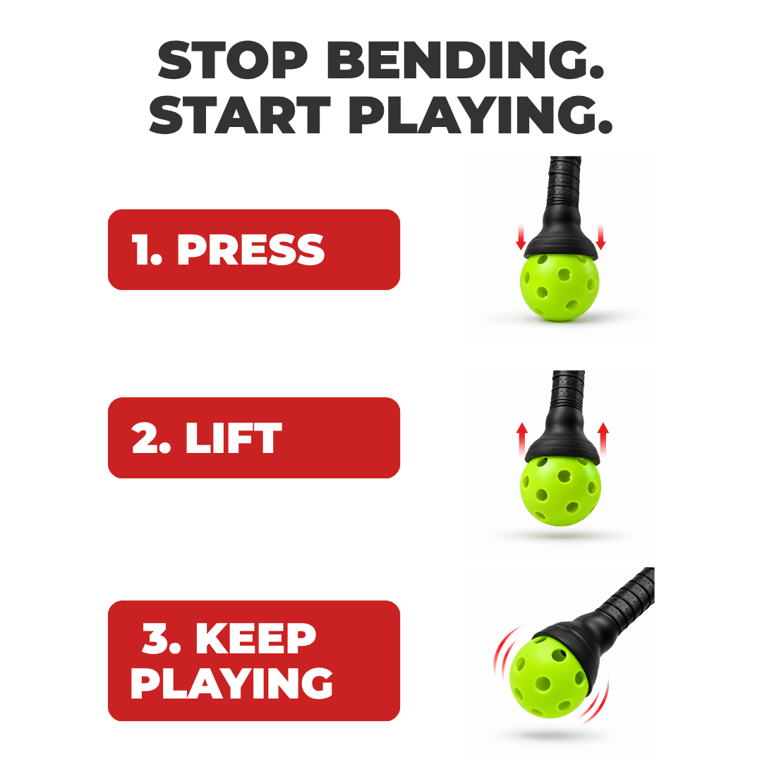 Pickleball ball retriever in three steps: press, lift, keep playing