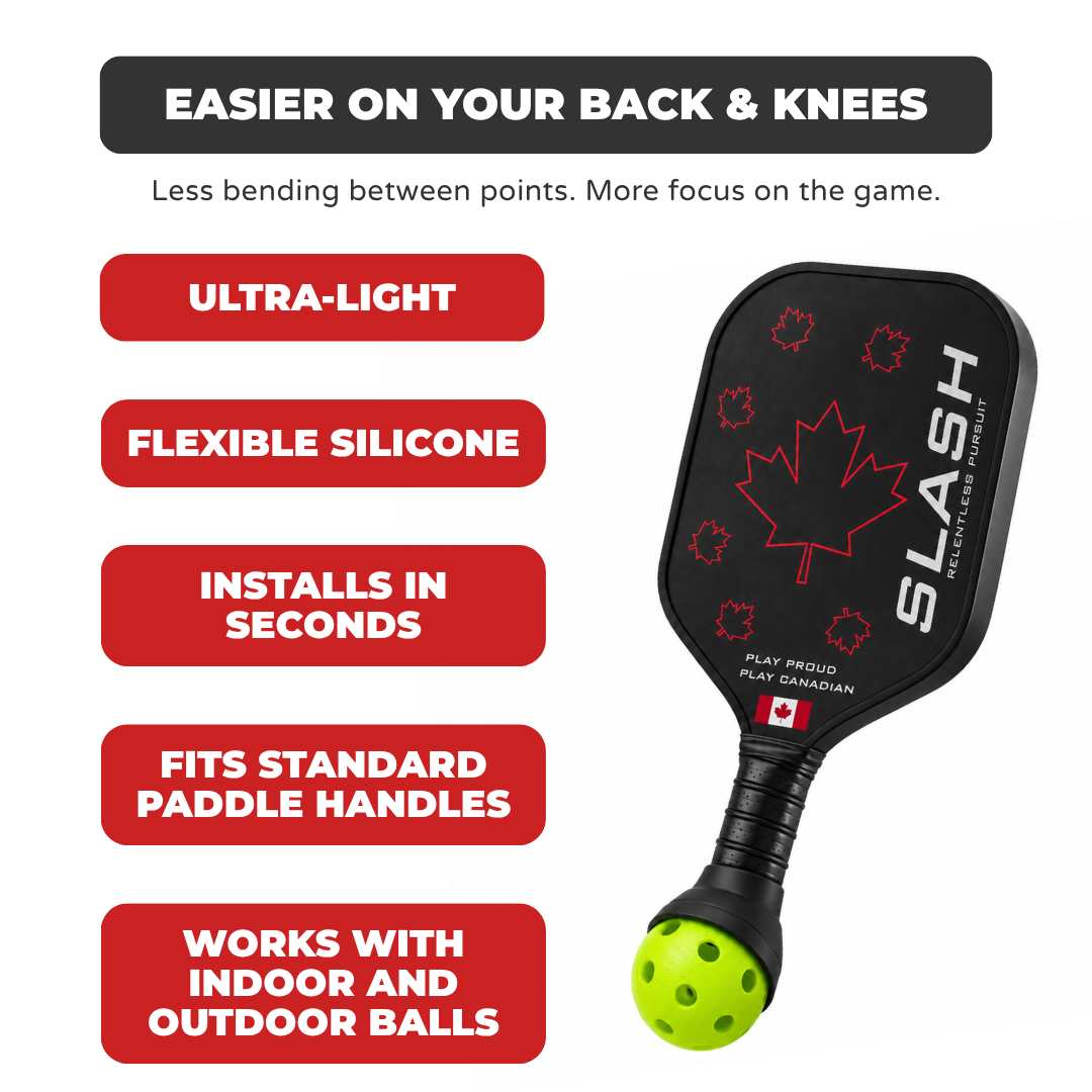 Pickleball ball retriever features: ultra-light, flexible silicone, installs in seconds, fits standard paddle handles, works with indoor and outdoor balls