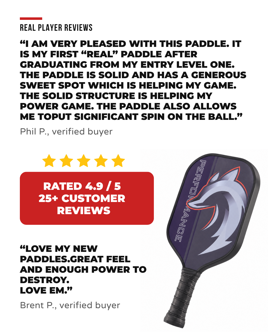 Customer review graphic for the Slash Performance with verified buyer quotes about sweet spot, power and spin